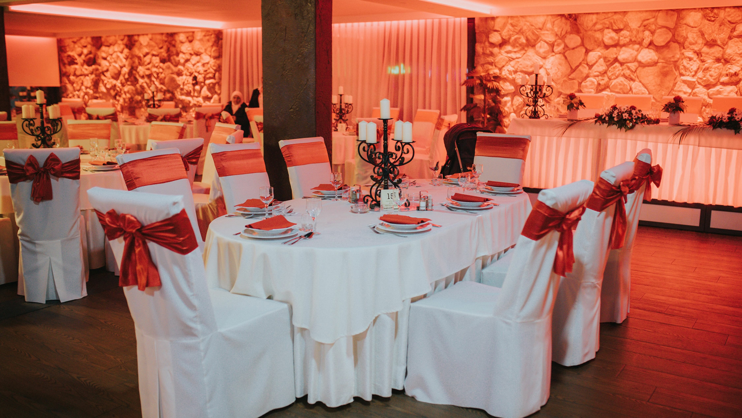 Tables set up in a wedding hall
